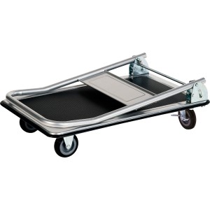 Zusammengeklappter Plattformwagen mit Stahlrahmen, Gummiauflage und vier Rollen. Tragkraft 150 kg.