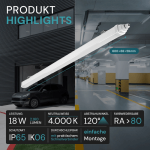 12er-Set LUXULA LED Feuchtraumleuchte, 60cm, 18W, neutralweiß, IP65, ideal für Garage & Keller.