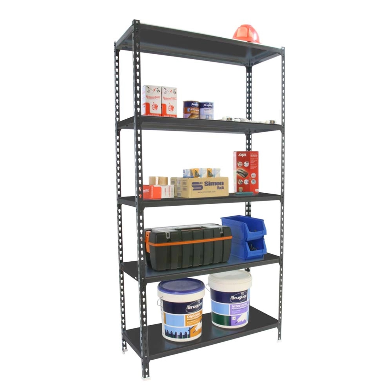 PROREGAL Schwerlastregal Metal Shark, 180x80x30 cm, anthrazit, mit fünf Regalböden und diversen Gegenständen.