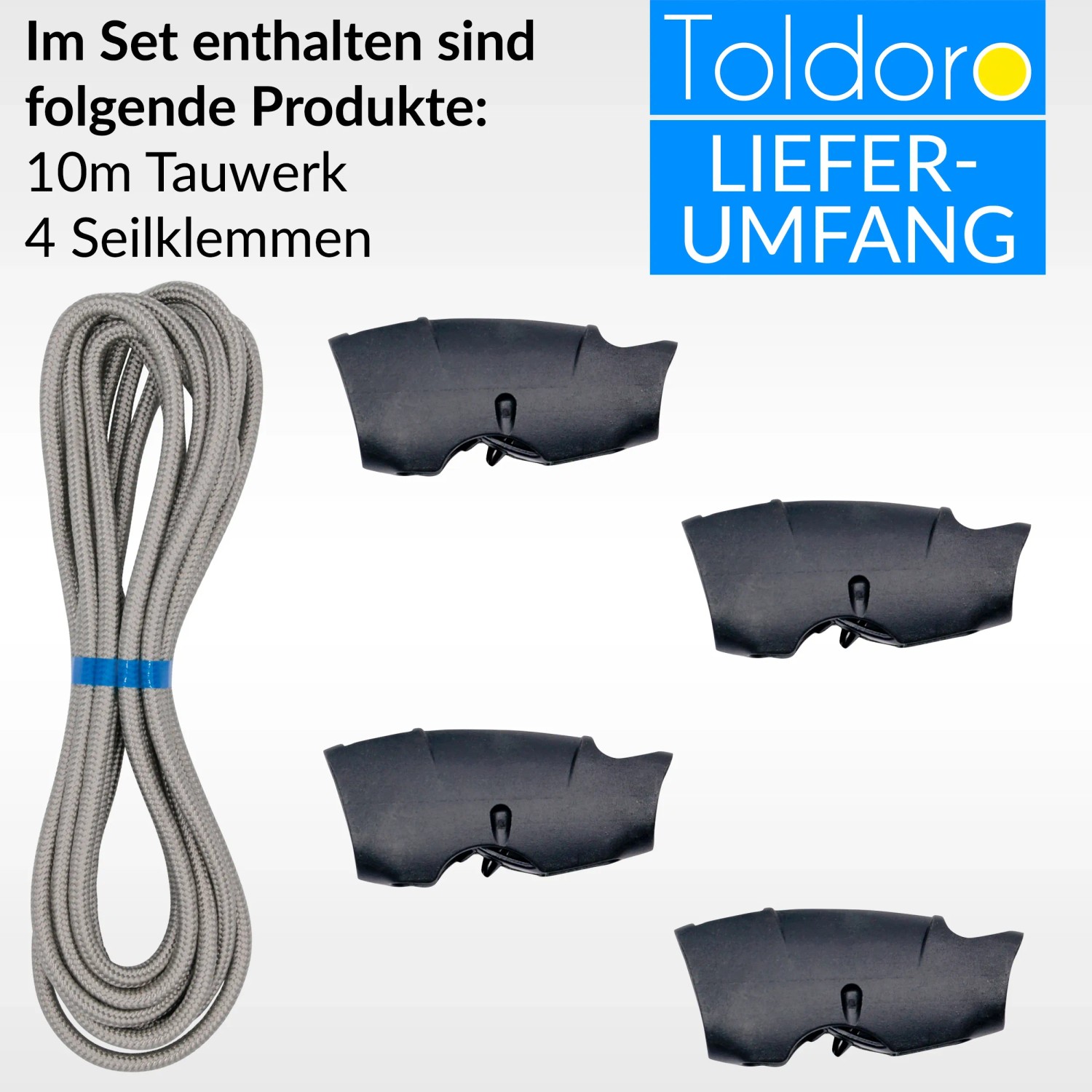 Toldoro Set: 10m graues Tauwerk (6mm) mit 4 Seilklemmen für Sonnensegel & Flaggen.