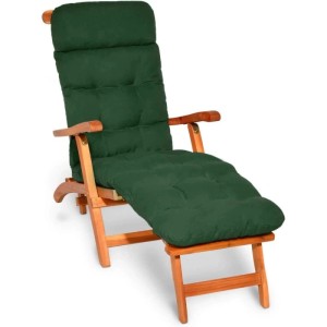 Dunkelgrüne Beautissu Flair DC Deckchairauflage, 2-teilig, gepolstert auf Holz-Liegestuhl. Komfortables Sitzkissen.