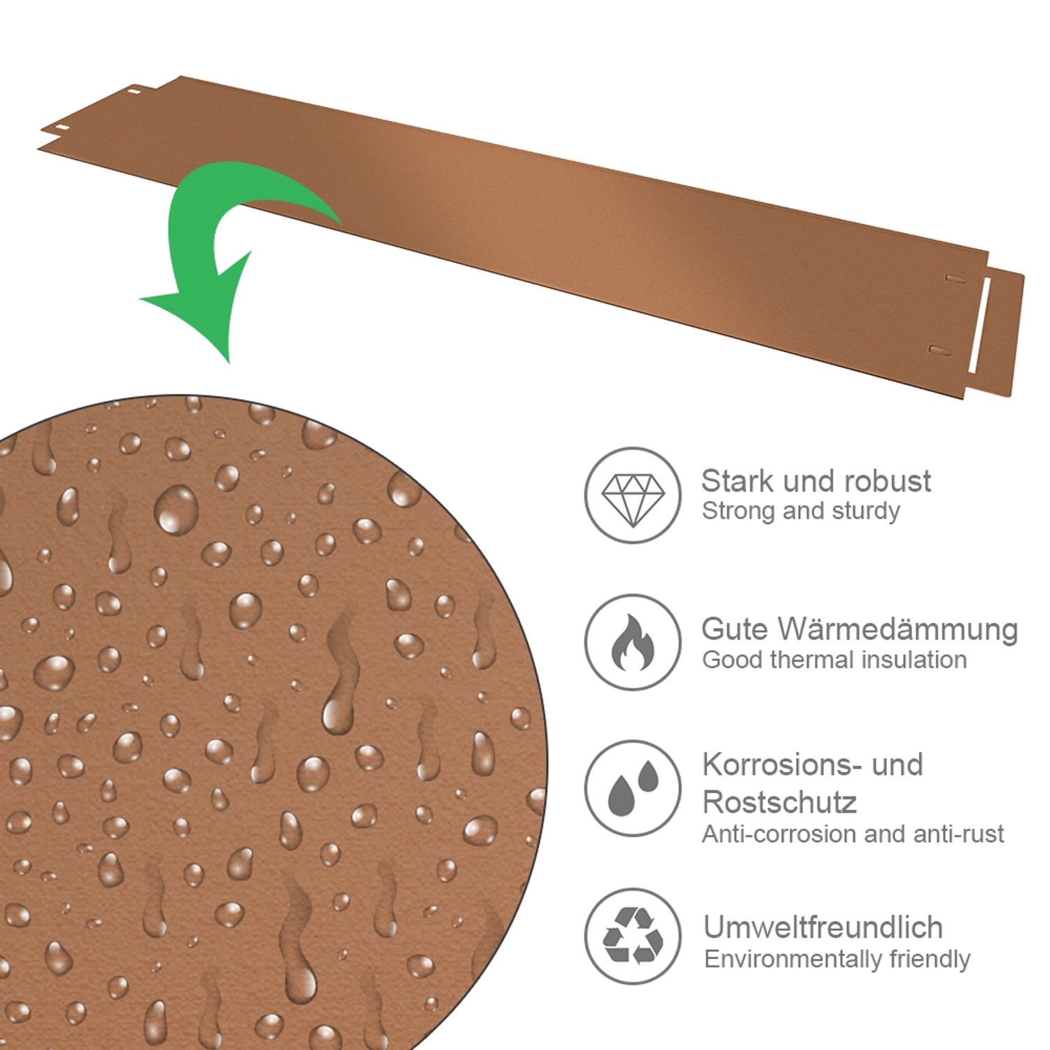 Braune OK-Living Rasenkante (30 m) aus verzinktem Stahl, wasserabweisend und robust.
