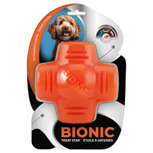 Bionic Treat Star Hundespielzeug, orange, in Sternform mit Öffnungen für Leckerlis.