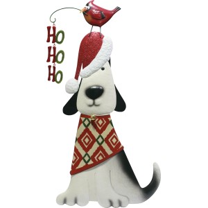 Deko-Weihnachtshund aus Metall, 78cm, mit Nikolausmütze und Vogel, Gartendekoration.