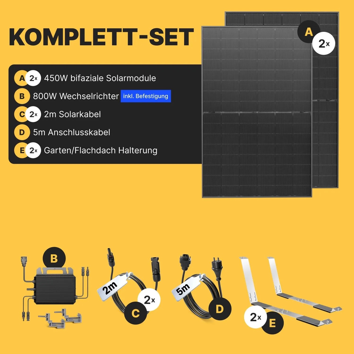 Solakon Balkonkraftwerk Komplettset: 2 Solarmodule, Wechselrichter, Kabel, Gartenhalterung. Steckerfertige Solaranlage.