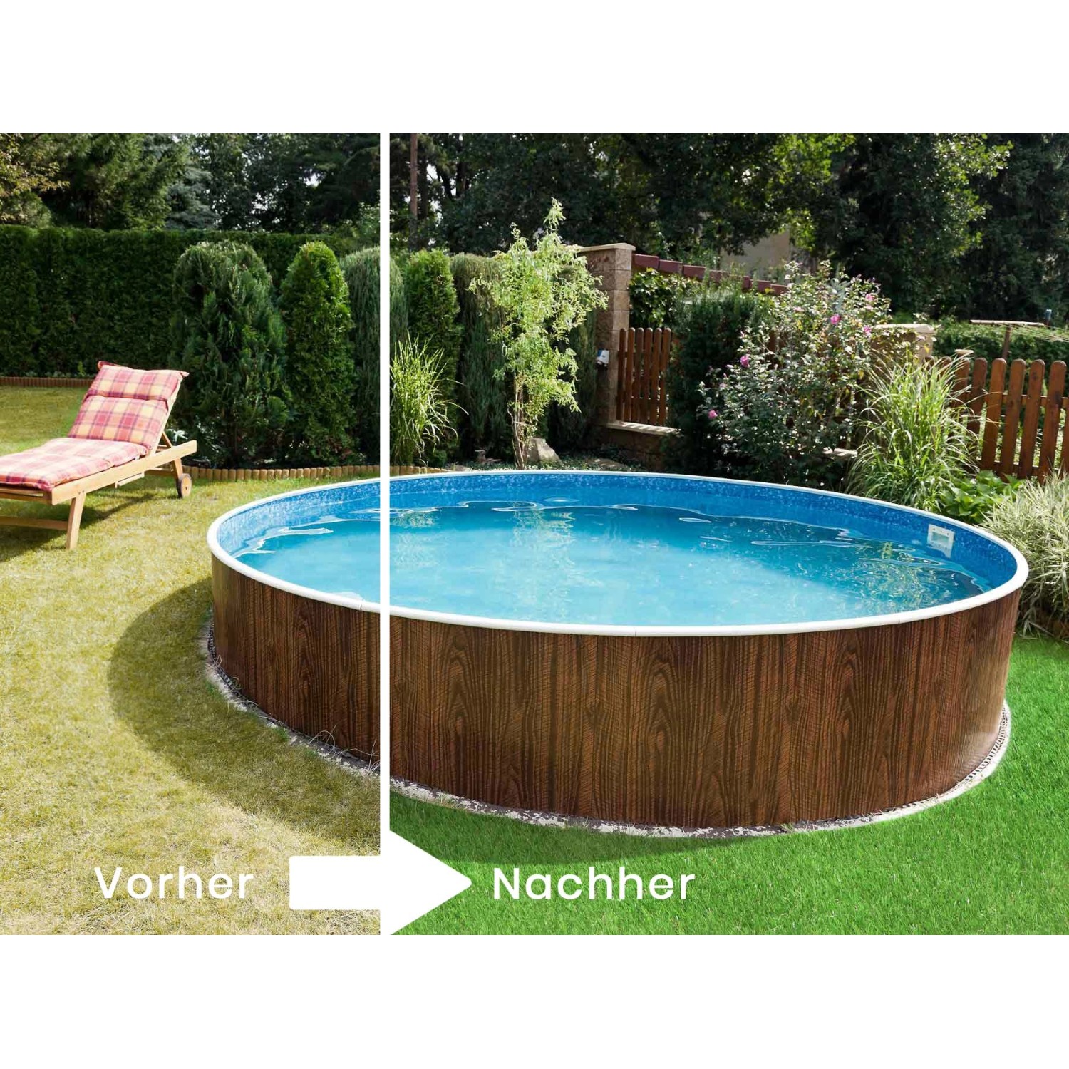 Vorher/Nachher: Kunstrasen Woodland Grün um Pool für pflegeleichten Garten.