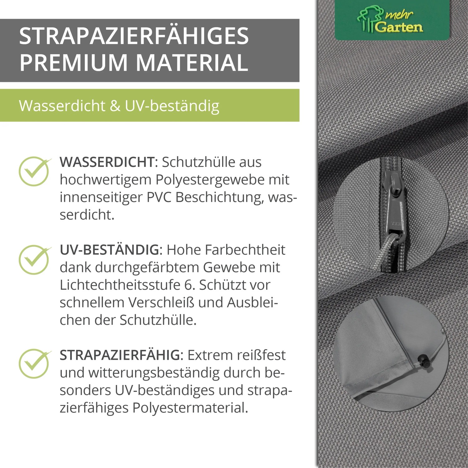 Graue Schutzhülle für Ampelschirm von Mehr Garten, wasserdicht und UV-beständig, mit Reißverschluss.