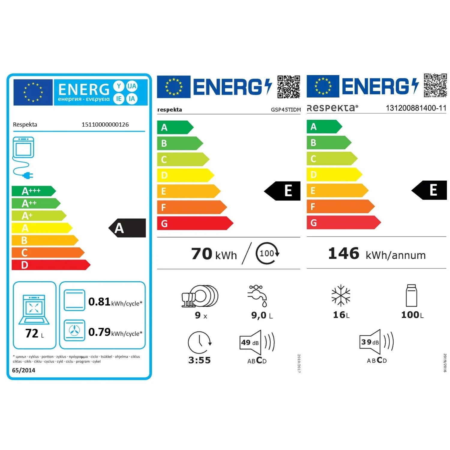 Energieeffizienzlabel für Respekta Einbaugeräte: Backofen A, Geschirrspüler E, Kühlschrank E.