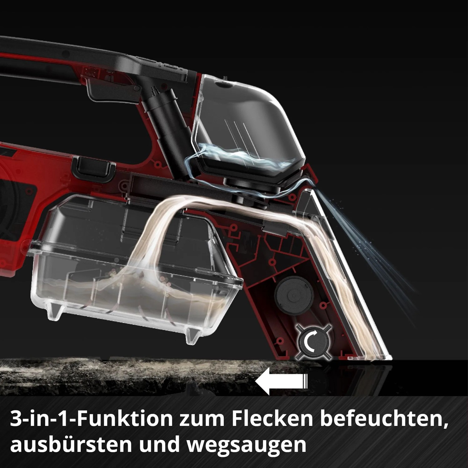 Einhell Akku-Waschsauger in Aktion: Befeuchten, Bürsten und Absaugen von Flecken.
