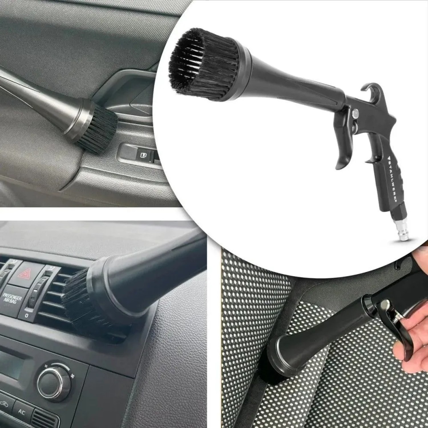STAHLWERK Trockenreinigungspistole mit Bürstenaufsatz für die Kfz-Aufbereitung, reinigt Auto-Innenraum, Lüftungsschlitze.