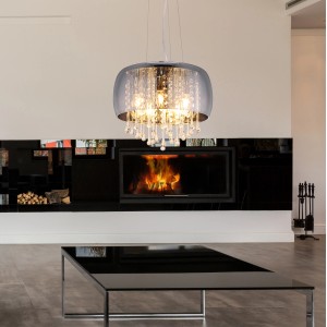 Elegante Globo Pendelleuchte Kalla Chrom mit Glaskristallen und rauchfarbenem Lampenschirm.