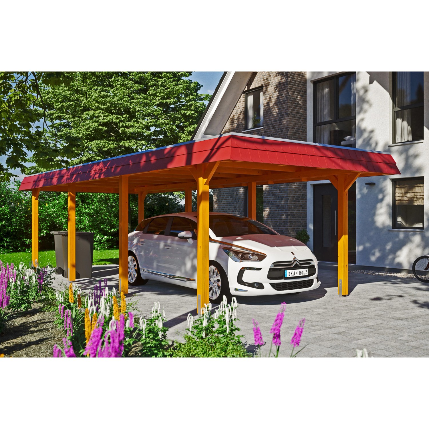 Skan Holz Carport Wendland Eiche hell mit roter Blende und Auto. Einzelcarport aus Holz mit Aludach.
