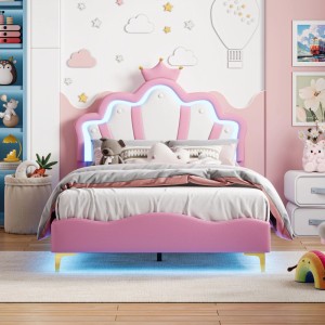 PXloue Kinderbett 90x190 cm RosaLED-Kinderbett mit Verstellbarem KopfteilPU-Polsterbett