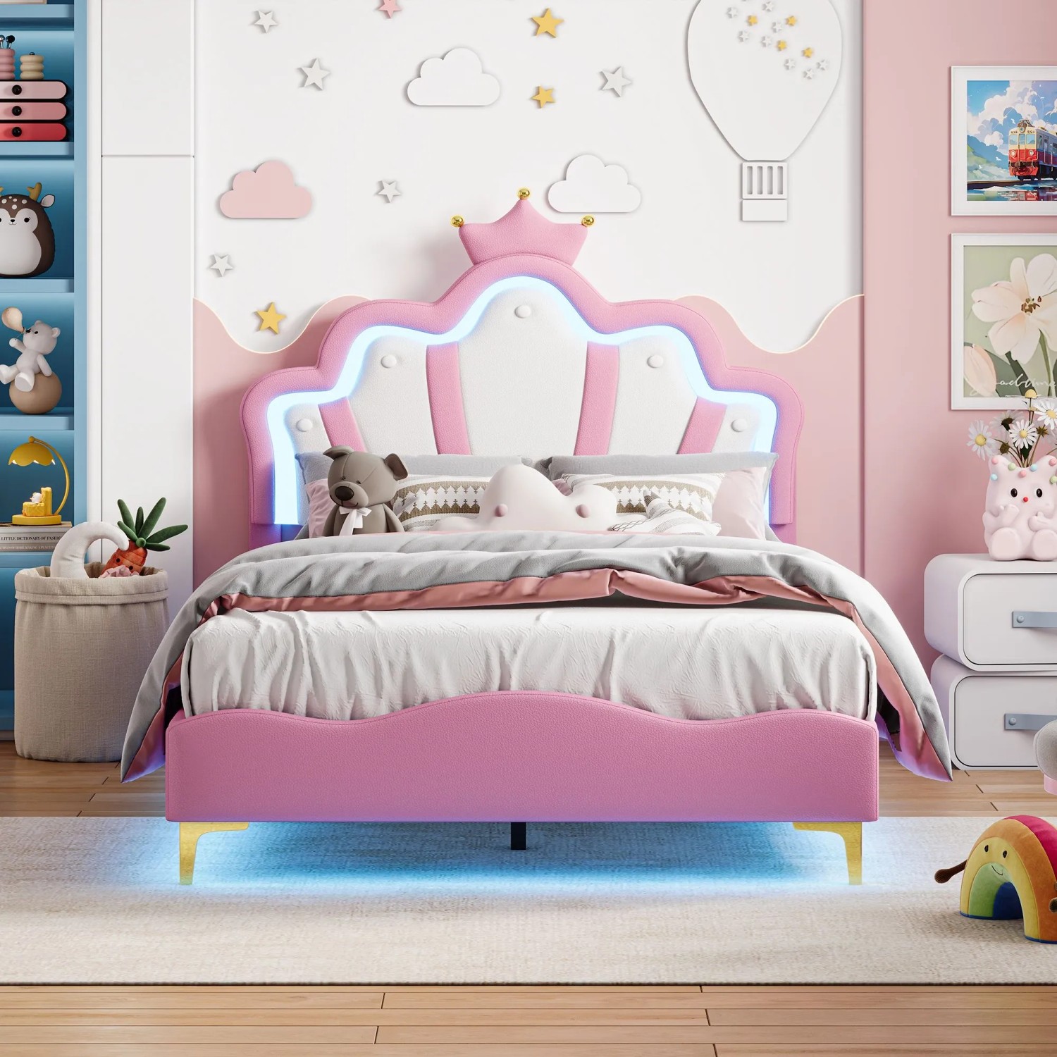 PXloue Kinderbett 90x190 cm RosaLED-Kinderbett mit Verstellbarem KopfteilPU-Polsterbett_3