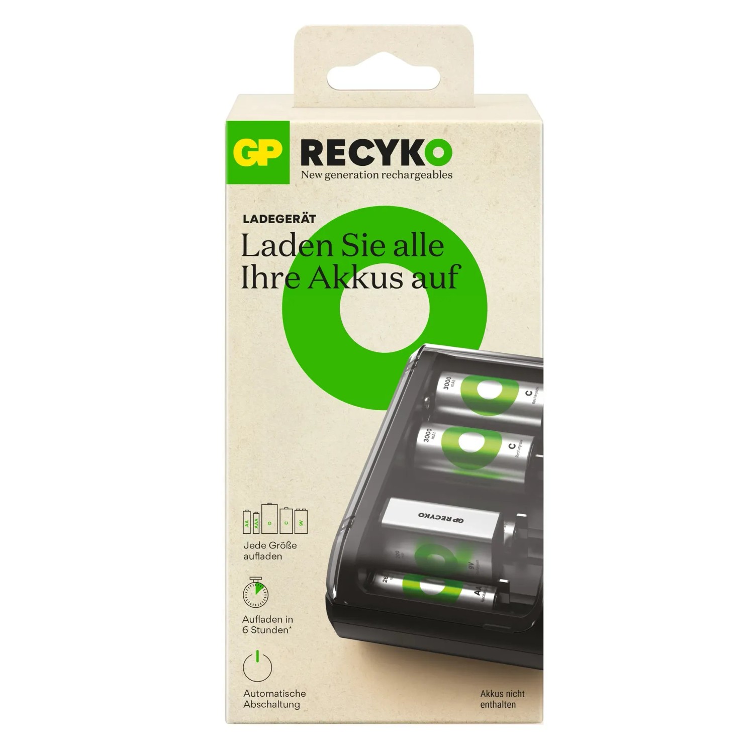 GP Akku-Ladegerät Universal B631 für AA, AAA, C, D und 9V Akkus. Kompaktes USB Ladegerät.