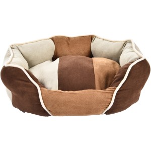 Rundes, braun-weißes Heimtier-Kuschelbett Deluxe (Größe S, 45x40x14 cm) für Hunde und Katzen.