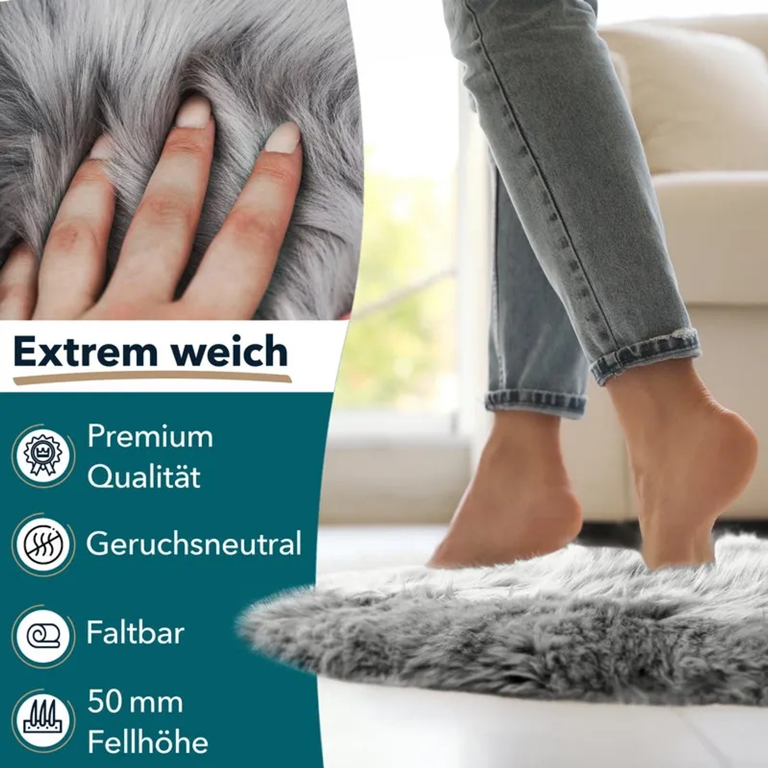 Graues KARAT Schaffell Audrey: Premium Lammfell, weich und vielseitig einsetzbar.