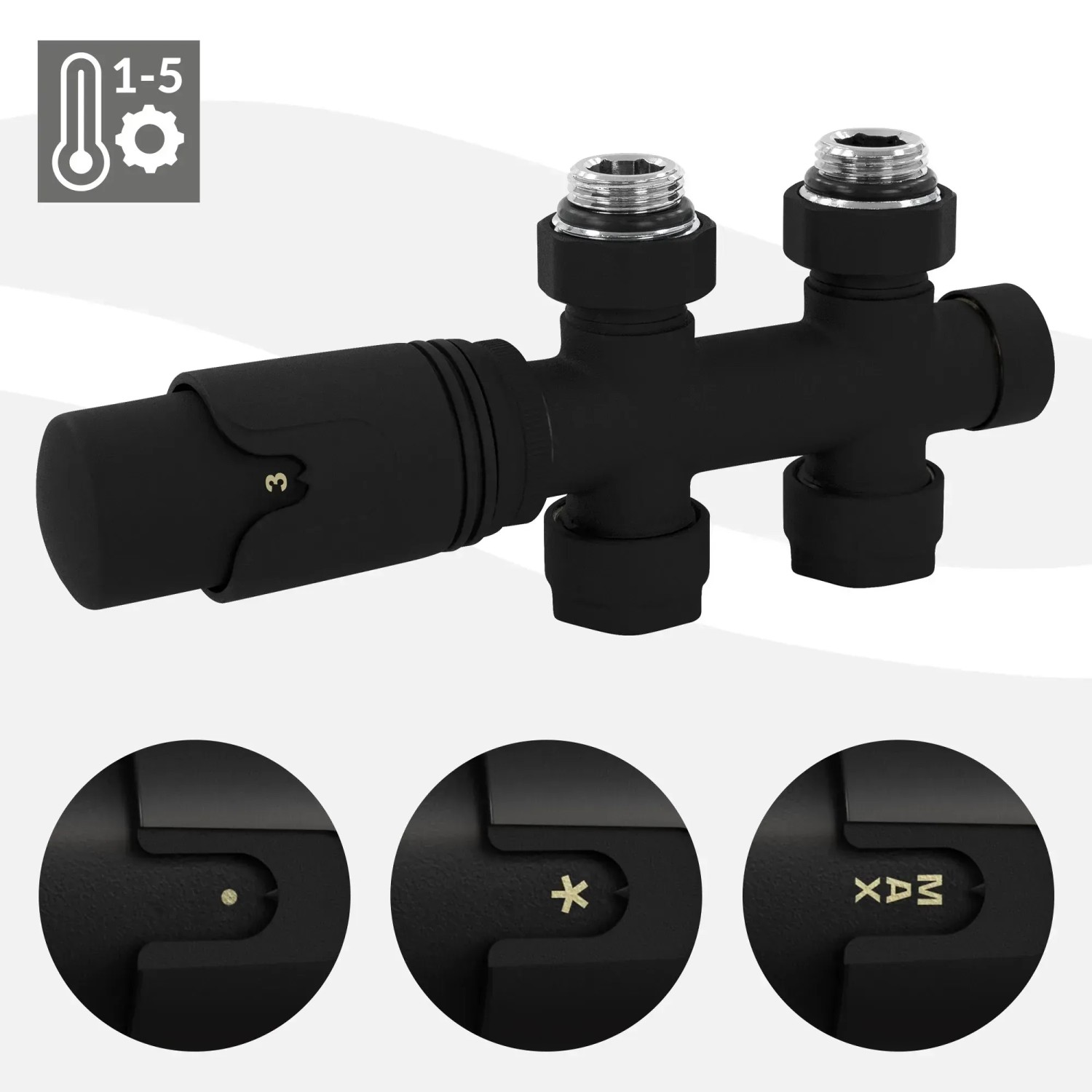 LuxeBath Anschlussgarnitur, Badheizkörper, Mittelanschluss, Durchgangsform, Schwarz.