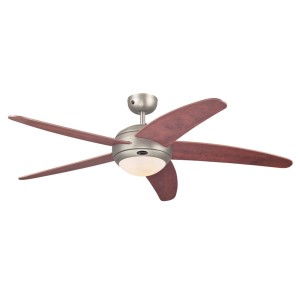 Westinghouse Deckenventilator Bendan in Zinn mit Holzflügeln, Licht und Fernbedienung.