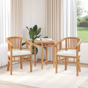 2 braune vidaXL Gartenstühle aus Teakholz mit Armlehne und weißen Sitzkissen.