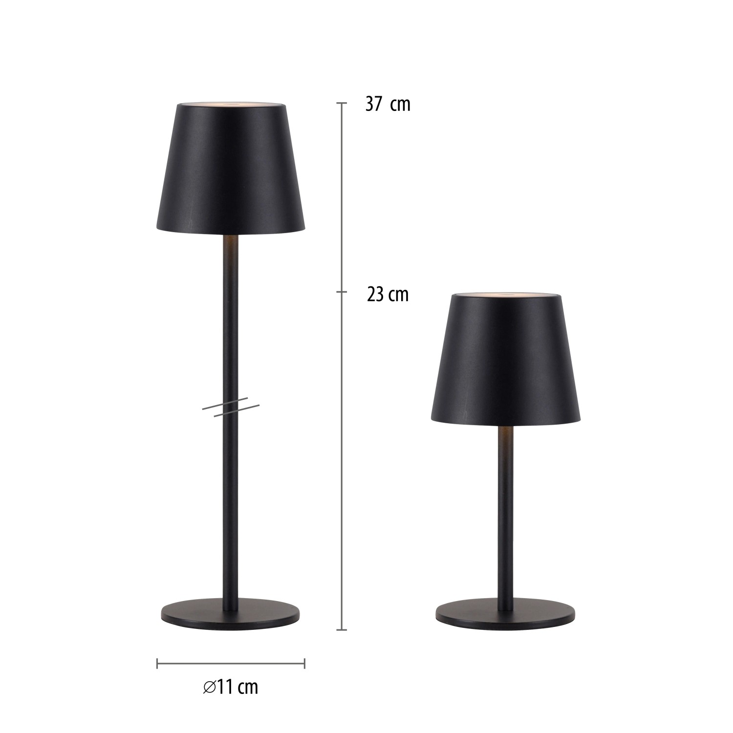 Schwarze LED-Akku-Tischleuchte Euria von Just Light, 37 cm hoch, mit zwei Höheneinstellungen.