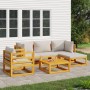 6-tlg. Garten Lounge Set aus Akazienholz mit hellgrauen Kissen.