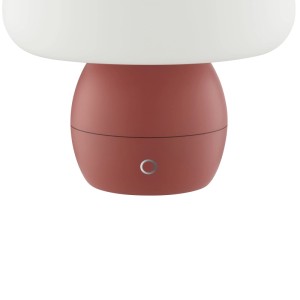 Rote LED-Tischleuchte Dupos in Pilzform mit weißem Schirm und Touch-Schalter.