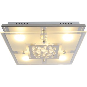 Chromfarbene LED-Deckenleuchte Lettona, 30x30 cm, mit Glas und Kristall-Dekor.