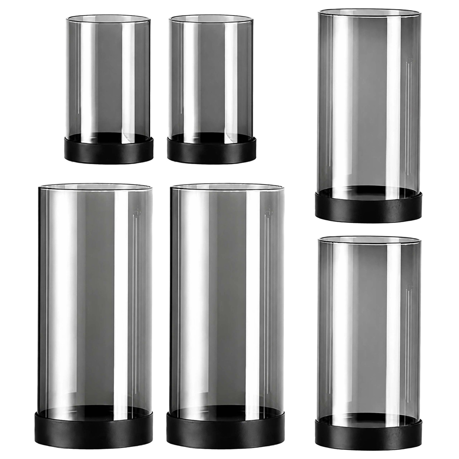 Relaxdays Windlichter Glas Eisen Rauchglas Schwarz 6er Set 3 Größen mit Fuß 15 cm x 8 cm 12,5 cm x 7 cm 8,5 cm x 6 cm