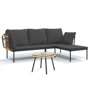 Dunkelgraues 3-tlg. Garten Lounge Set aus Polyrattan mit Tisch und L-förmigem Sofa.