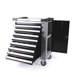 Mephisto Premium XXL Werkzeugwagen mit 9 Schubladen, Rollgabelschlüssel und geöffneter Seitentür.