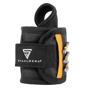 Schwarzes STAHLWERK Magnet-Armband aus robustem Nylon mit Klettverschluss, hält Schrauben und Bits. Für Handwerker.