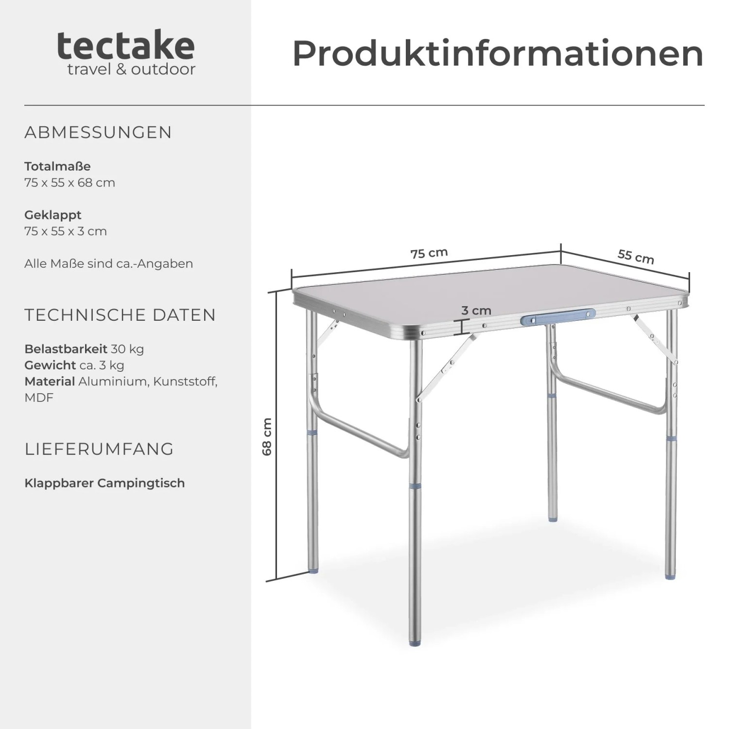 Tectake Campingtisch Lothar Klappbar Wetterfest  75 x 55 x 68 cm Grau_6