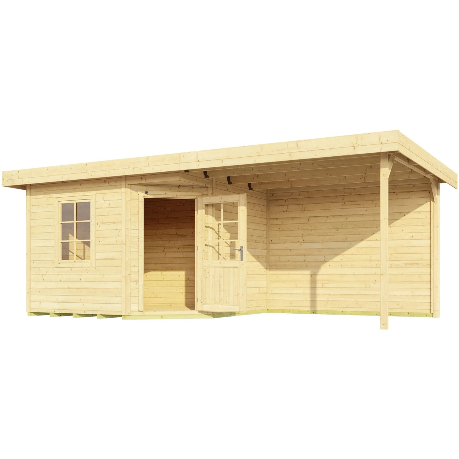 Unbehandeltes Weka Holz-Gartenhaus mit Flachdach und Anbau, 533x279 cm.