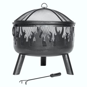 Buschbeck Feuerschale Faya mit Grillrost und Funkenschutz. Stahl, schwarz, mit Flammenmuster.