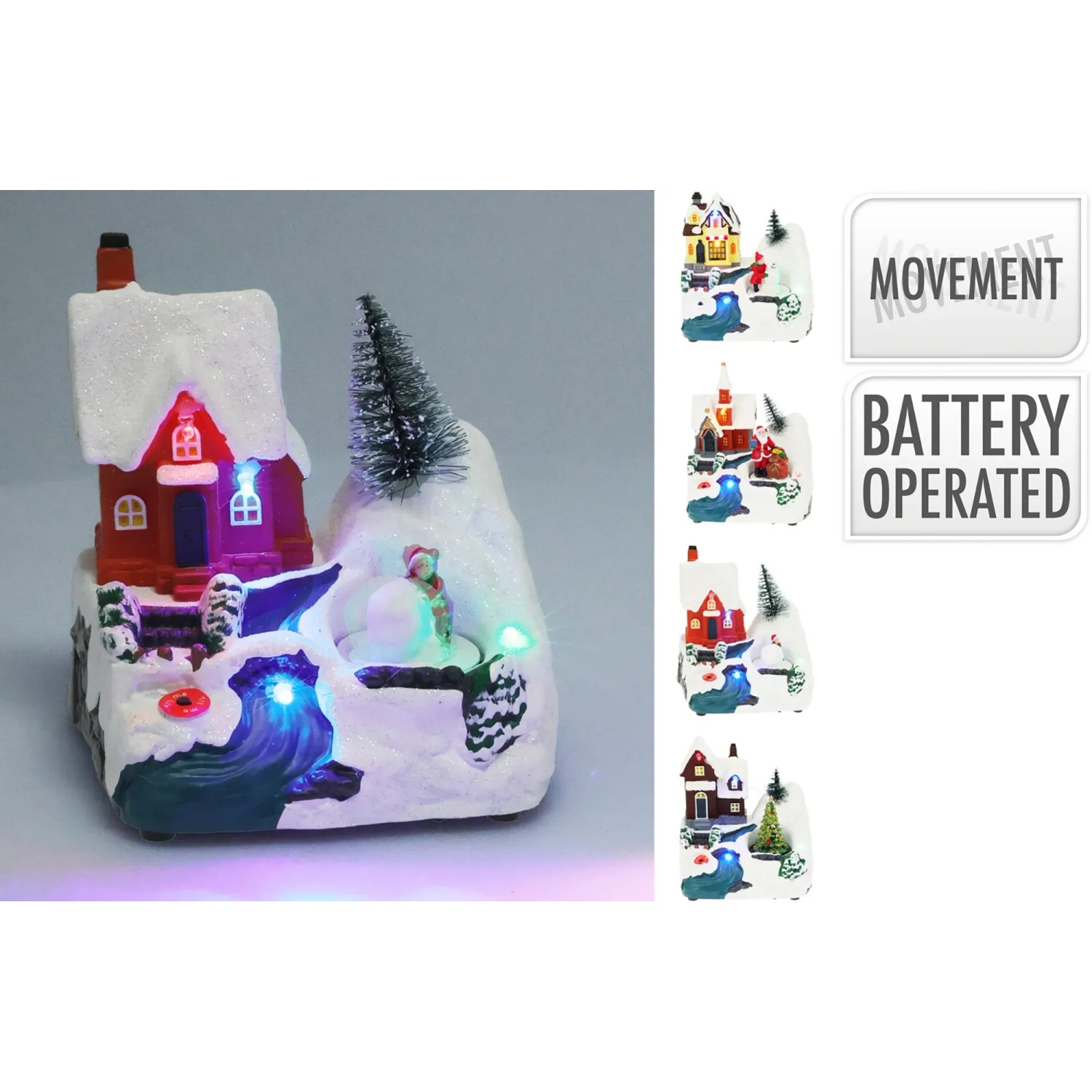 Bunte LED Weihnachtsszene Dorf, 11,7x9,5x13,5cm, 4-fach sortiert. Winterliche Dekoration mit Beleuchtung.