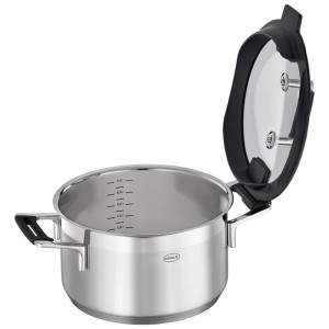 RÖSLE Kochtopf 20 cm Silence Pro aus Edelstahl mit offenem Glasdeckel, Silikonrand, Abgießfunktion und Innenskalierung.