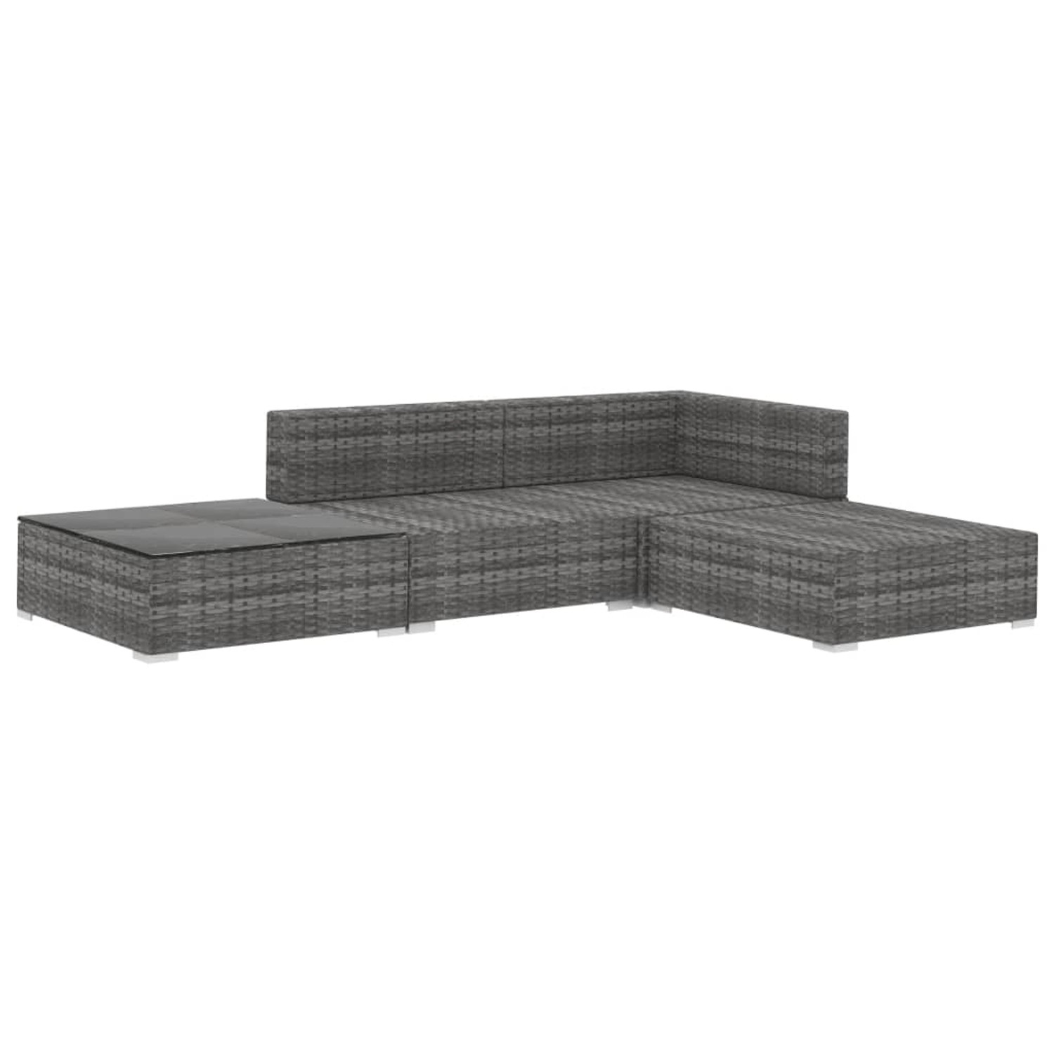 Graues 4-tlg. Garten Lounge Set aus Polyrattan mit Tisch und Auflagen.