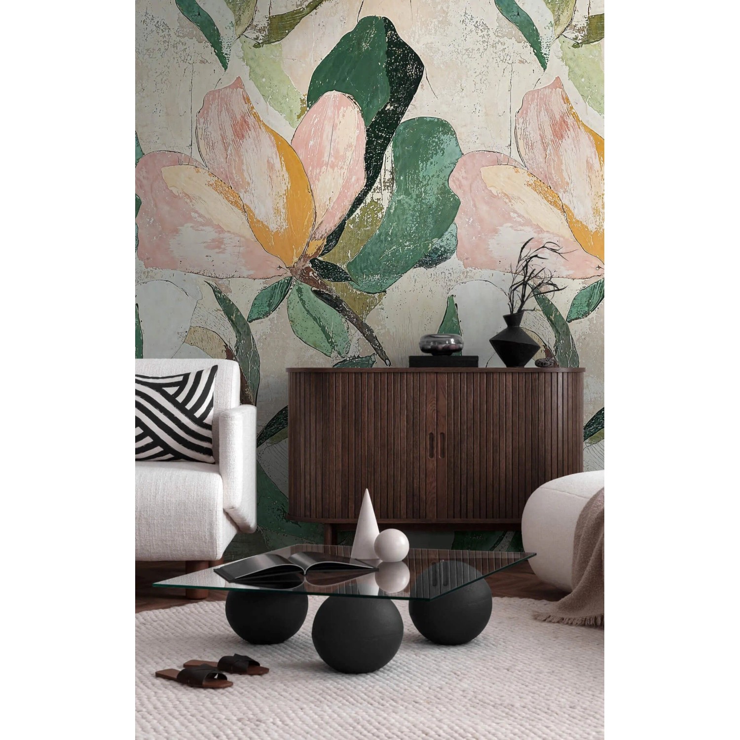 Wohnraum mit PROFHOME Fototapete Floral in Grün, Creme-Weiß, Beige und Rosa.