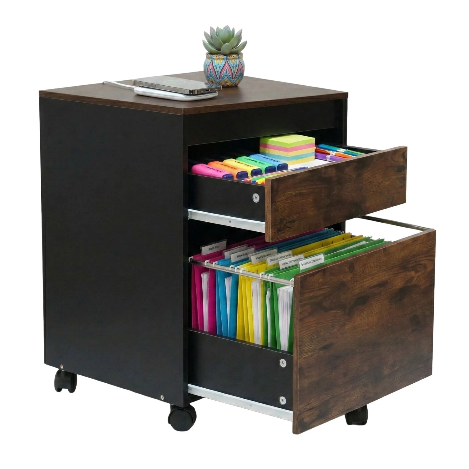 Relaxdays Rollcontainer MDF Kunststoff Schwarz mit Hängeregister 57 cm x 40 cm x 40 cm 12,8 kg