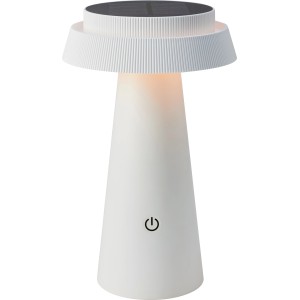 Weiße Solar-Tischleuchte Nerano, Ø 14x23 cm, mit Solarpanel und USB-Ladefunktion.