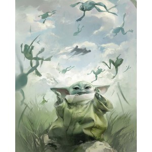 Wandbild: Star Wars The Mandalorian, Grogu mit Fröschen im Himmel, 40x50 cm.