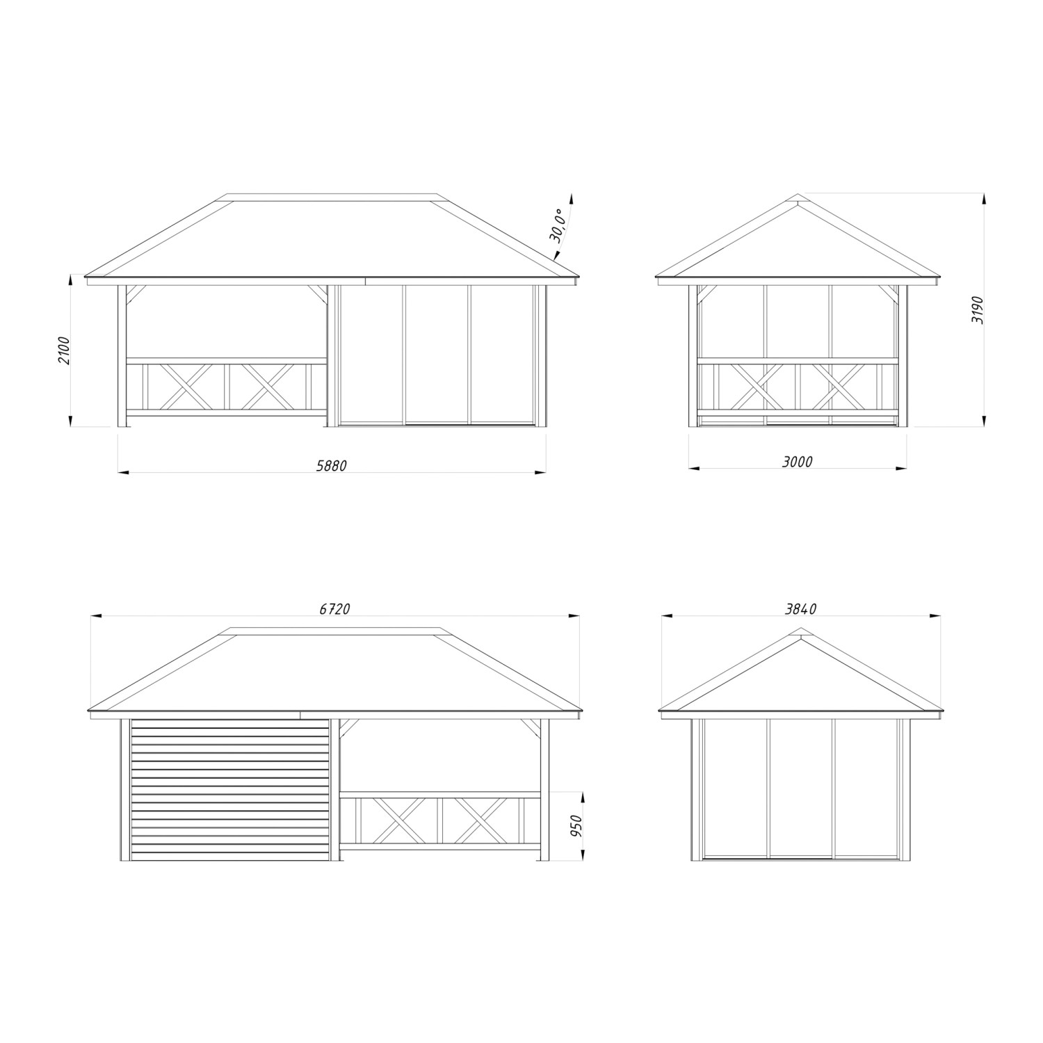 Technische Zeichnung Palmako Pavillon Bianca Set204 Slide Transparent, Maße und Ansichten.