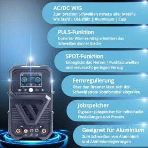 STAHLWERK AC/DC WIG 200 Puls Pro Touch Schweißgerät mit Display. Zeigt Puls-, Spot-Funktion, Fernregulierung und Aluminium-Eignung.