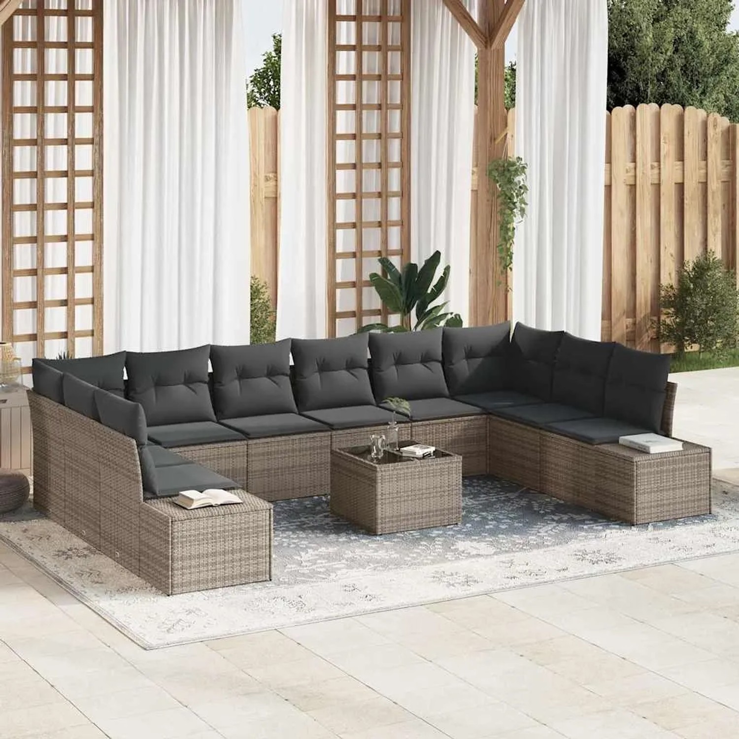 Graues 11-teiliges vidaXL Garten-Sofa-Set aus Poly Rattan mit Kissen und Tisch.