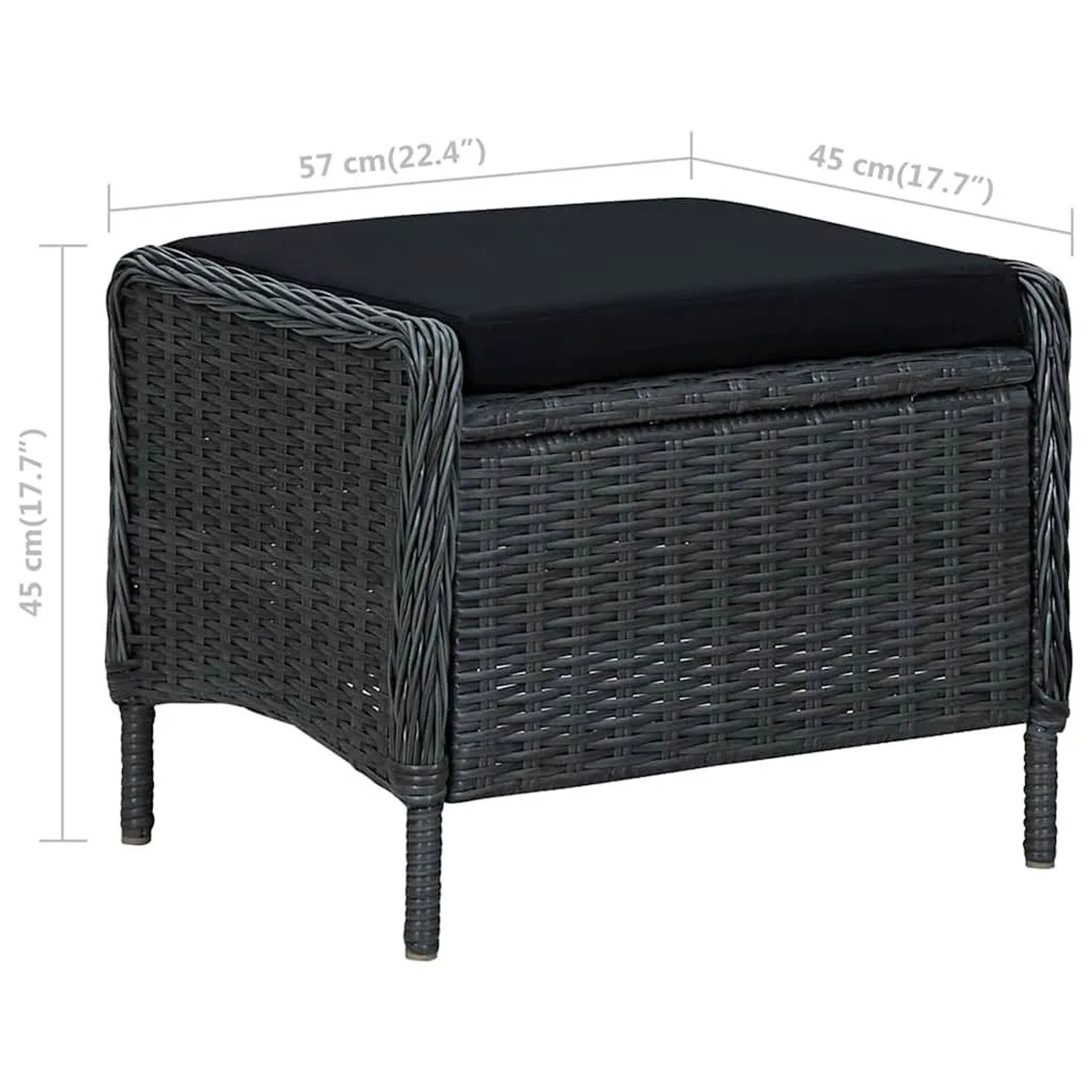 Dunkelgrauer Poly-Rattan Fußhocker mit schwarzem Kissen für Gartenmöbel. Maße: 57x45x45 cm.