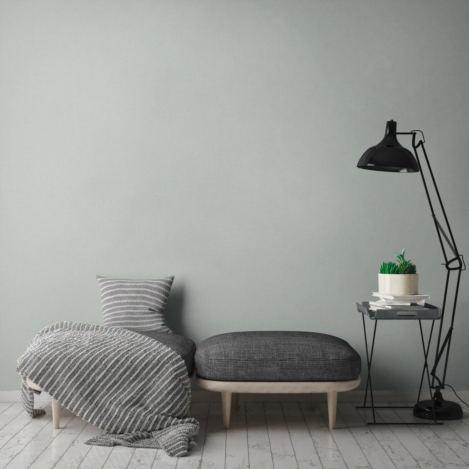Wohnraum mit grüner A.S. Création Vliestapete Uni, Couch und Lampe.