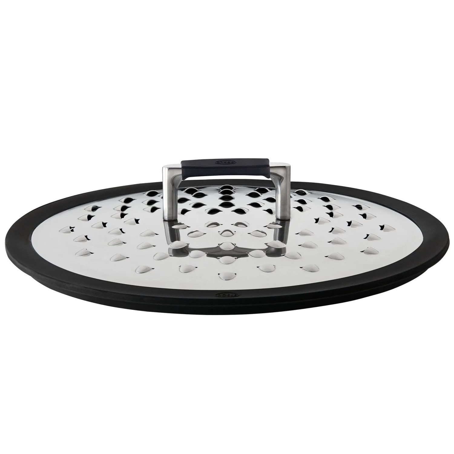Runder Rösle Spritzschutz Silence PRO aus Edelstahl mit Luftlöchern, schwarzem Rand und ergonomischem Griff.