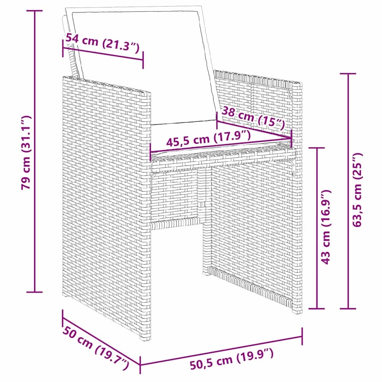 Skizze eines schwarzen vidaXL Gartenstuhls aus Rattan mit Maßangaben für Gartenmöbel.