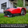 Einhell Freelexo Cam Plus 600 Mähroboter in Rot/Schwarz auf Rasen. Kamera erkennt Mähbereich.